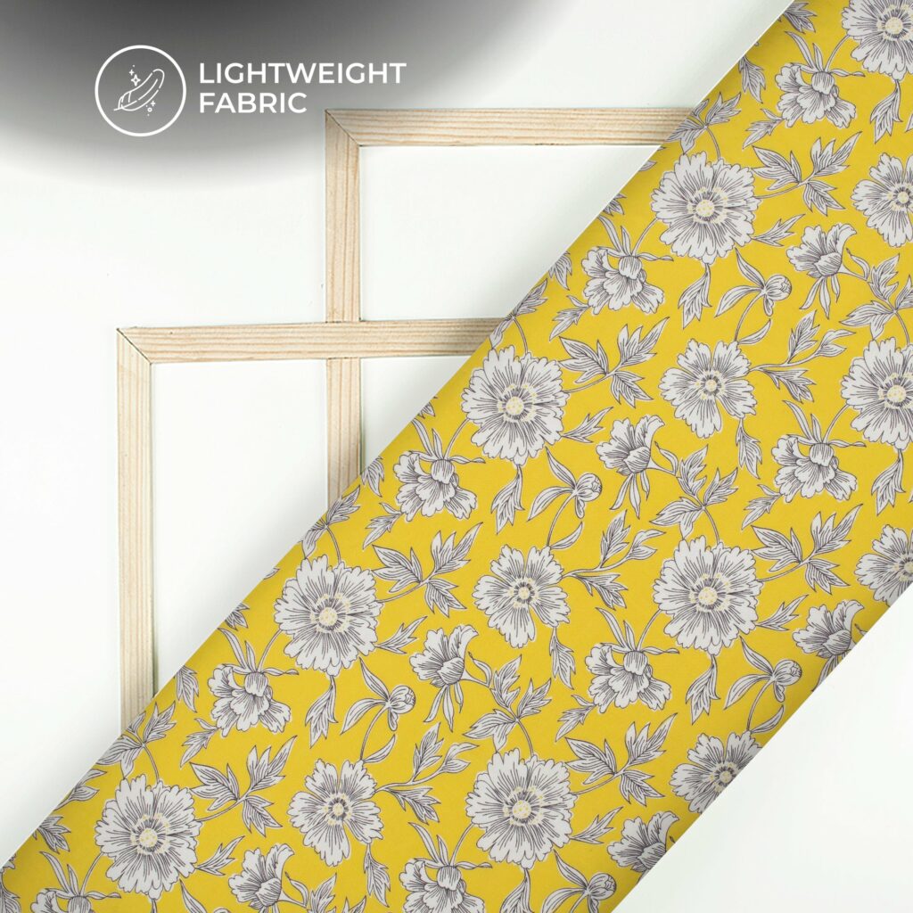 Lemon Yellow Floral Digital Print Viscose Chanderi Fabric