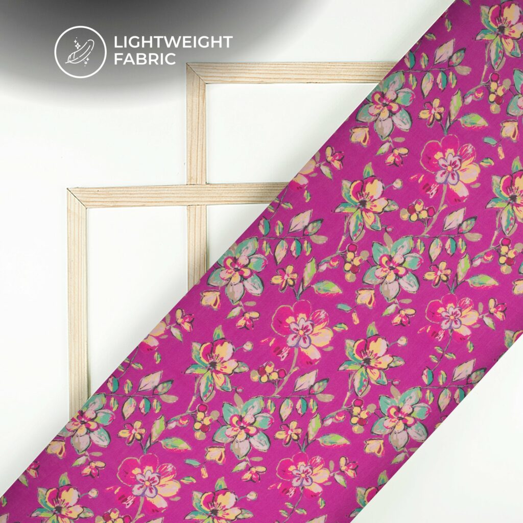 Red Violet Floral Digital Print Viscose Chanderi Fabric